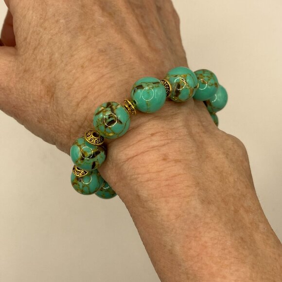 Sea Shell Turquoise 12mm Beads Beaded Stretchy Bracelet NEW - Picture 10 of 11